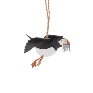 Flying Puffin with Fish Decoration / Hanging Car Campervan Ornament / Handmade Tin Fairtrade Ornament / Small Flying Puffin / Gift for Her