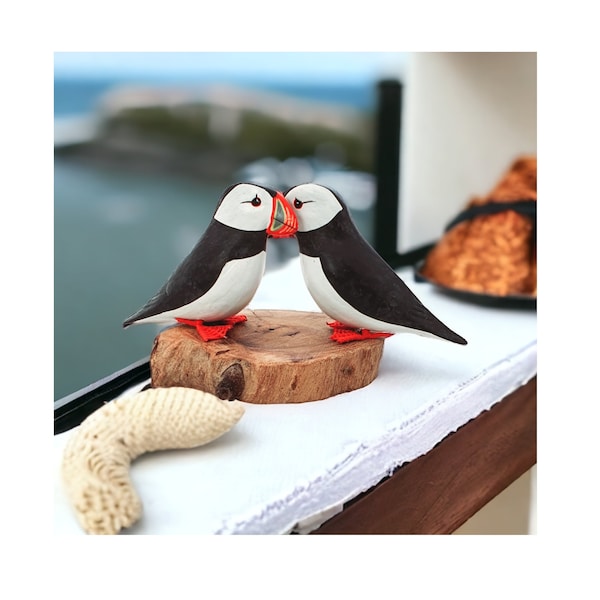 Hand Carved Wooden Puffin Figurines | Coastal Decor | Nautical Sculpture | Pair of Puffins on Wood Base | Exquisite Wood Carving