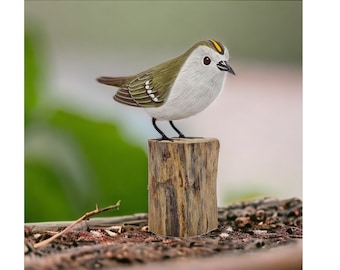 GOLDCREST houten vogelornament, handgesneden Fairtrade gouden kuif sculptuur 13 cm Bird Watcher cadeau bos bos Britse tuinvogels