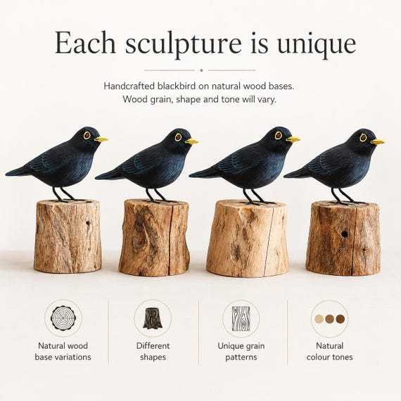 Hand-carved Wooden Blackbird Figurine - Realistic Bird Sculpture