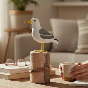 Wooden Sea Bird SEAGULL ON POST / Hand Carved Fairtrade Ornament / Seagull 22 cm High / Gift Seaside Nautical Maritime Seabird Carving