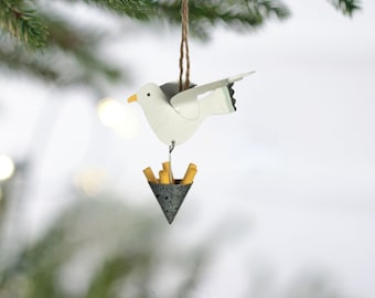Seagull Stealing Chips by Shoeless Joe / Seagull Chips Snatcher Hanging Ornament / Small Sea Bird Ornament / Beach House Surf Shack Decor