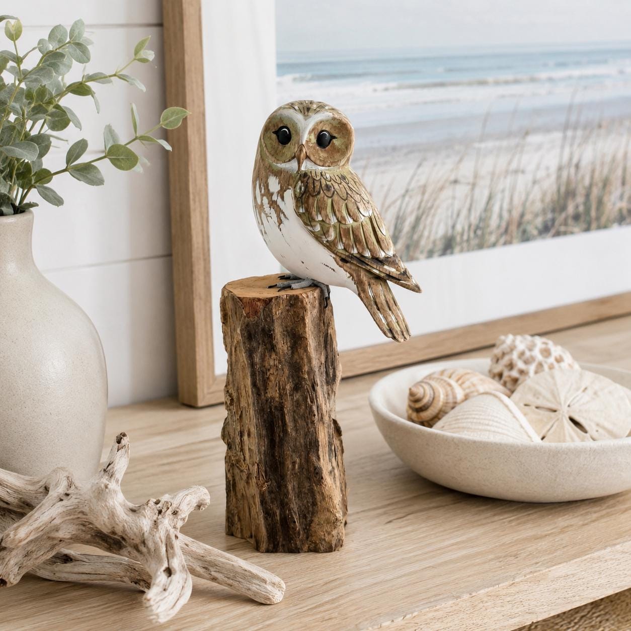 Wooden Carved and Painted OWL on Tree Stump / Fairtrade Ornament