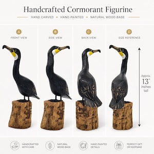 Cormorán negro de madera tallado a mano sobre un tronco - Escultura artesanal de vida silvestre de 33 cm imagen 4
