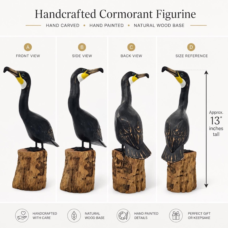 Cormorán negro de madera tallado a mano sobre un tronco - Escultura artesanal de vida silvestre de 33 cm imagen 4