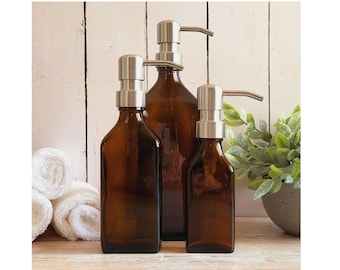 Refillable Brown Glass Soap Dispenser Bottles - Flat Rectangular Shape - Brushed Steel Pump - on Trend Bathroom/Home Accessory - Sold Empty