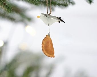 Seagull Stealing Pasty by Shoeless Joe / Seagull Pasty Snatcher Hanging Ornament / Small Sea Bird Ornament / Beach House Style Decor