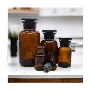 Amber Brown Glass Apothecary Bottle With Glass Stopper Lid | Ornament, Vase, Refillable Storage Jar | Eco Friendly Reuse / 50ml - 500ml