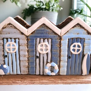 Beach Huts Style Ceramic Planter Coastal Charm / Seaside  Indoor Beach House Glazed Plant Holder Blue/Grey/ Cream Charming Plant Pot Gift