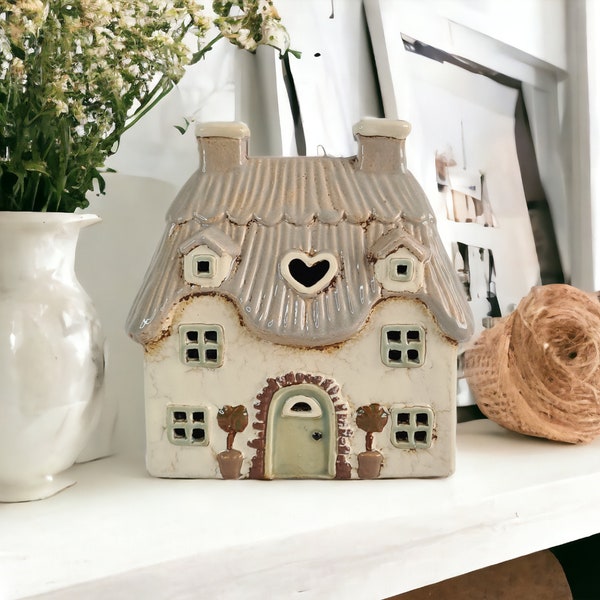 Ceramic Cream Thatched Country Cottage Candle Holder - Ceramic House Tealight Holder - Pottery Fairytale Cottage Candle Holder