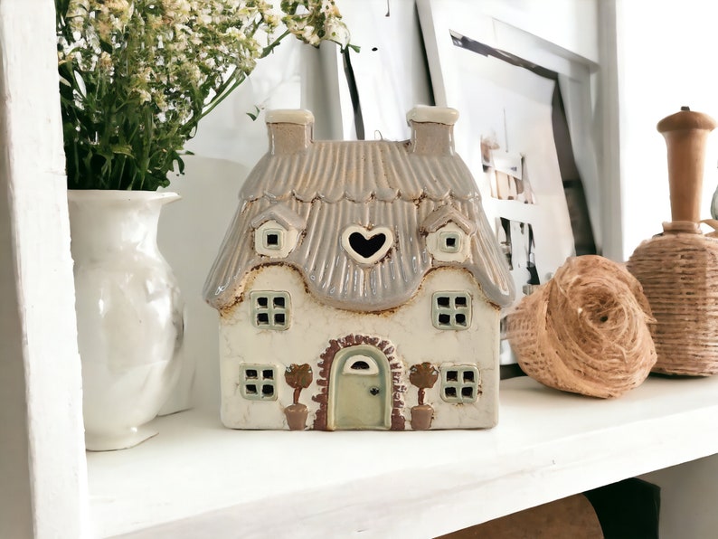 Ceramic Cream Thatched Country Cottage Candle Holder Ceramic House Tealight Holder Pottery Fairytale Cottage Candle Holder image 1