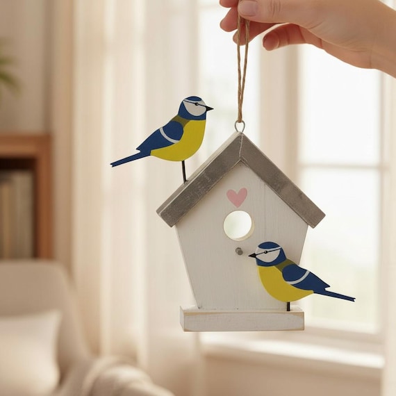 鳥小屋のルリビタキ | 手作りの吊り下げ式ブリキと木製のルリビタキ鳥