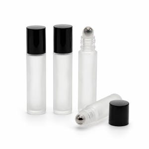 10ml Frosted Clear Glass Roll On Bottles, Empty Refillable Roller Bottles with Steel Ball, Black Cap, Essential Oil Perfume Bottles