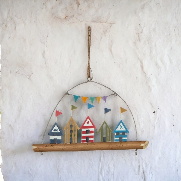 Beach Huts on Driftwood / Whimsical Seaside Decor / Beach Hut Style Wall Hanger / Coastal Wall Hanging Ornament / Seaside Holiday Decor