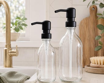 Refillable Clear Glass Soap Dispenser Bottles / Matt Black Steel Metal Pump / Bathroom Accessory for Shampoo, Body Wash, Conditioner