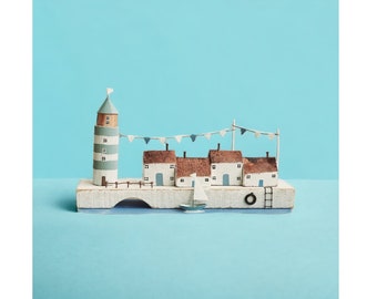 Quayside with Lighthouse / Handmade Small Pretty Seaside Decoration / Nautical Miniature Wooden Harbourside Ornament by Shoeless Joe