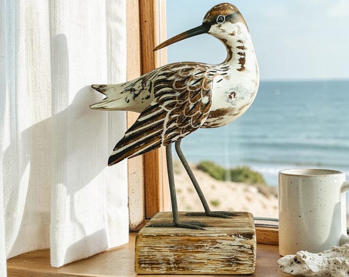 Hand Made Wooden GODWIT Carving / Bird Ornament / Wading Bird / Hand Crafted Godwit Preening Figurine / Coastal Bird / Gift for Him or Her