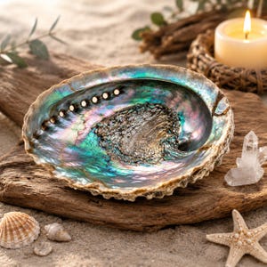 May include: An iridescent abalone shell with a textured surface, displaying shades of green, blue, and purple. The shell is placed on a piece of driftwood, with a lit candle, crystals, and seashells in the background. A decorative item.