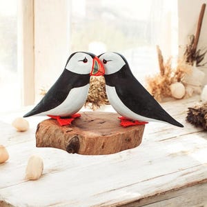Hand Carved Wooden Puffin Figurines | Coastal Decor | Nautical Sculpture | Pair of Puffins on Wood Base | Exquisite Wood Carving