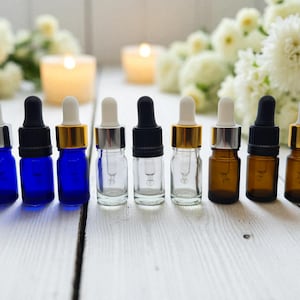 Pack of 10 x 5ml (0.17 fl. oz) Dropper Bottles  | Clear, Blue, Amber Glass – Gold, Silver or Black Pipettes – Sample Vial Bottles | Beauty