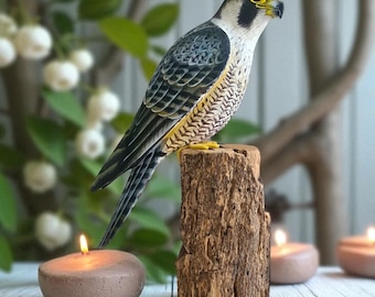 Hand Carved Wooden Peregrine Falcon on Reclaimed Log | 27cm (10.6") Wildlife Bird Sculpture | Rustic Nature Home Decor | Gift for Bird Lover