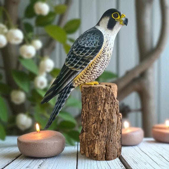 Hand Carved Wooden Peregrine Falcon on Reclaimed Log | 27cm (10.6") Wildlife Bird Sculpture | Rustic Nature Home Decor | Gift for Bird Lover