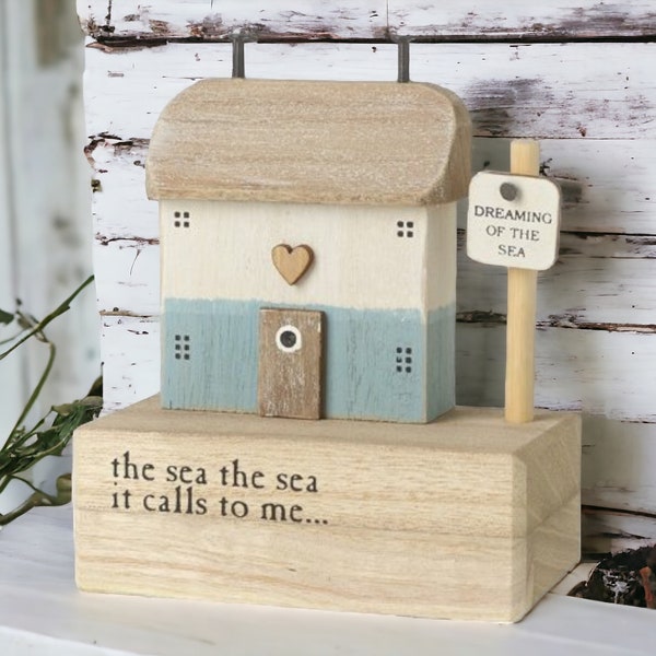 Handcrafted 'The Sea Calls to Me' Wooden House Ornament | Charming Miniature Coastal Decor | 13.5cm | Beach House Style Gift
