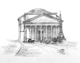 Pantheon Rome Italy pen and ink pencil drawing illustration fine art print matted