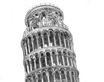 Schiefer Turm von Pisa schwarz und weiß Graphit Bleistift Stift und Tinte  original Zeichnung Kunstdruck mattiert