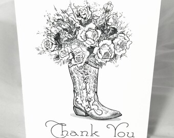 Thank you cards / box set of six note cards /country cowgirl boots and roses / pen and ink / illustration / drawing