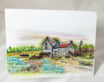 Texas barn illustration drawing fine art watercolor pencil note greeting card box set