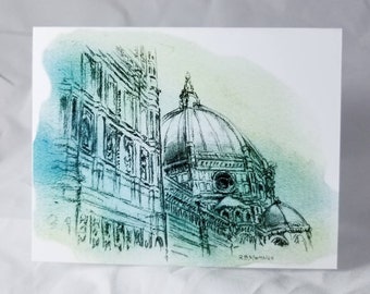 Italian Duomo of Florence blue green watercolor fine art illustration drawing set of six note cards