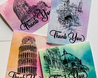 Thank you cards watercolor Italian drawings set of eight