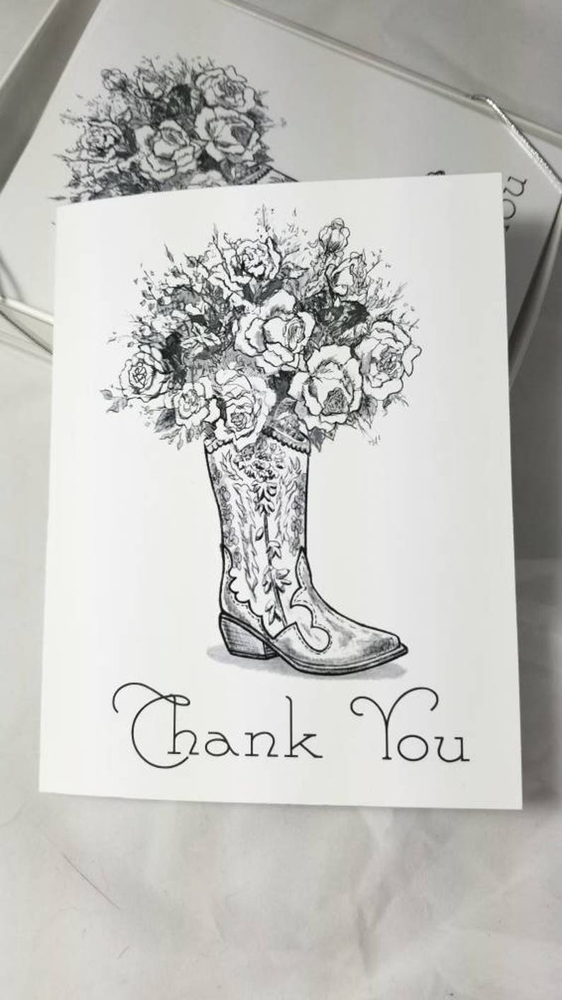 Thank you cards box set of six note cards country cowgirl boots and roses pen and ink illustration drawing