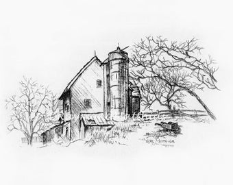 Farm pen and ink drawing illustration print in black and white