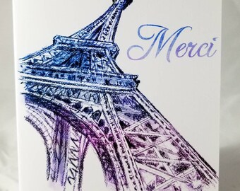 Merci Eiffel Tower Thank You note cards original drawing box set in blue purple watercolor wash