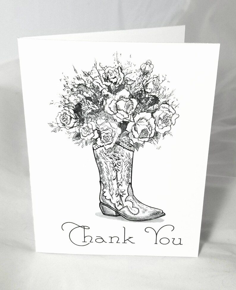 Thank you cards box set of six note cards country cowgirl boots and roses pen and ink illustration drawing