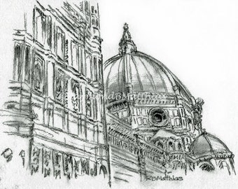 Florence Italy duomo pen and ink drawing fine art black and white print matted decor