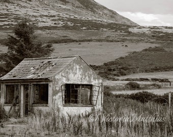 Abandoned Irish house in the fields fine art black and white photography matted