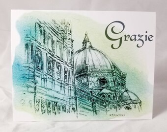 Grazie Duomo Florence Italy Italian Thank You blue green watercolor wash stationary box set