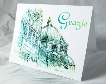 Grazie blue green watercolor wash Thank You note cards original drawing box set