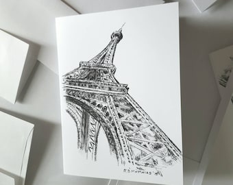 Eiffel Tower note cards blank original pencil pen and ink drawing illustration box set of six invitations wedding including envelopes
