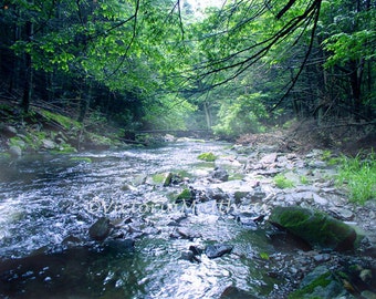 Misty Pocono mountain rocky blue green river fine art photography print 5x7