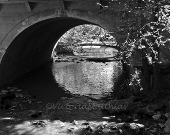 Black and white fall river at the park bridge 5x7 photograph