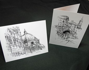 Italian drawing Note cards Rialto bridge and Duomo pen and ink thank you card, invitation, wedding, sympathy cards