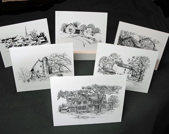 Multipack pen and ink drawing note cards thank you cards, wedding, sympathy set of six with envelopes