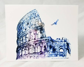 Colosseum watercolor wash blue purple drawing Rome Italy blank note cards box set