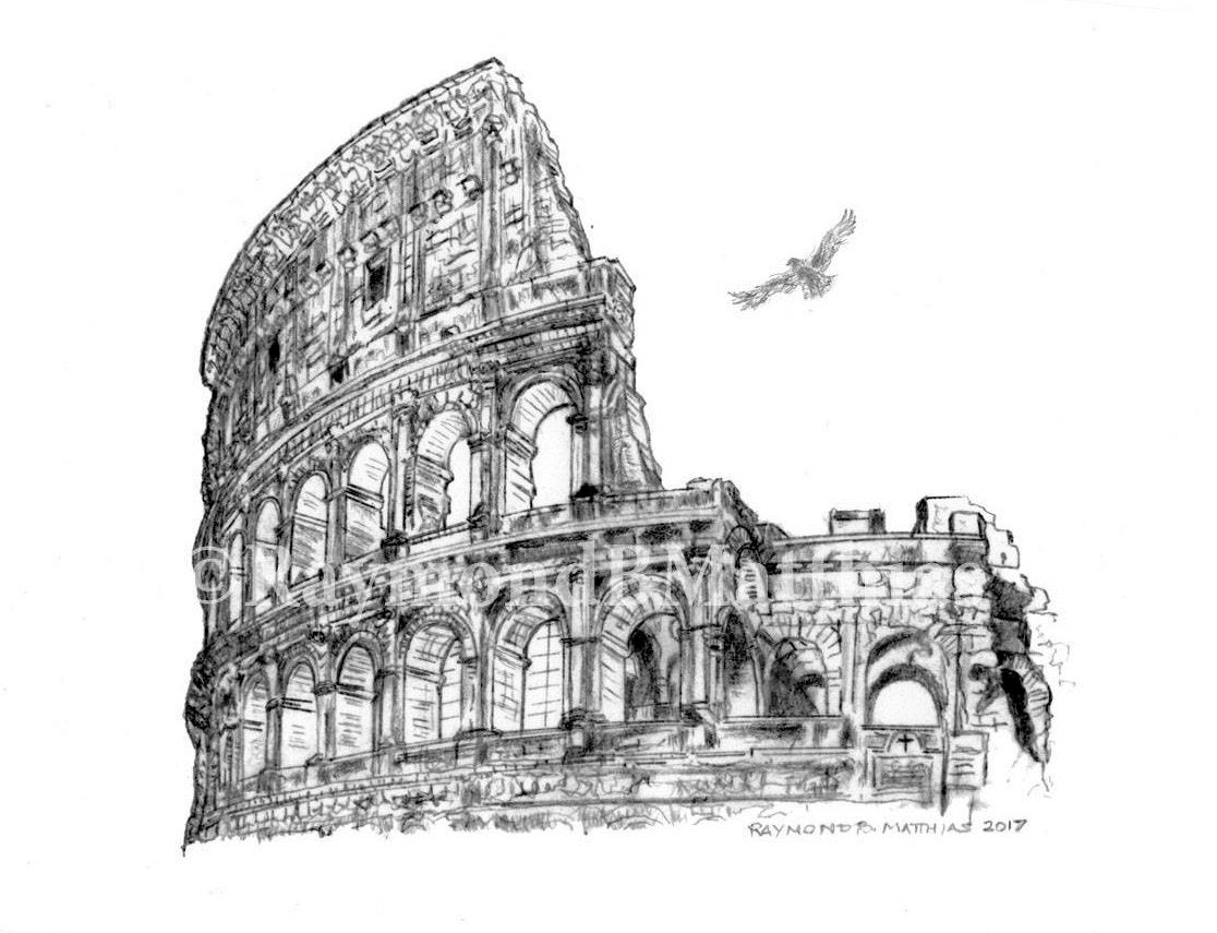 Colosseum Rome Italy Pen and Ink Pencil Drawing Illustration Fine Art