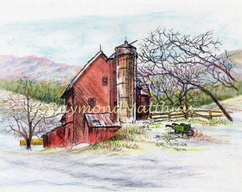 Farm barn illustration watercolor pencil art print
