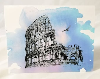 Colosseum Rome Italy watercolor wash blue purple blank note cards box set of stationary